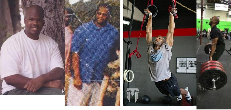 The image shows Travis Daigle's physical transformation from being over 300 pounds at 17 years old to being 195 pounds at 30 years old.